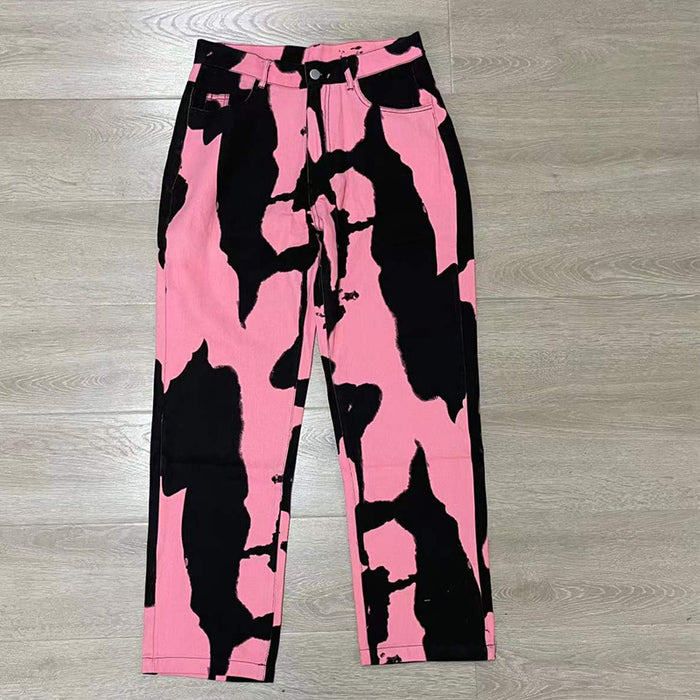 Tie Dye Washed Jeans Casual Street Straight Leg Pants Wide Leg Pants