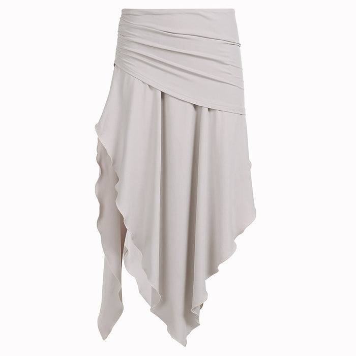 Retro Irregular Asymmetric Low Waist Pleating Design Skirt Vacation Basic Solid Color Split Long Skirt