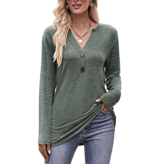 Autumn Women Clothing Casual V neck Button Brushed T shirt Long Sleeve Top