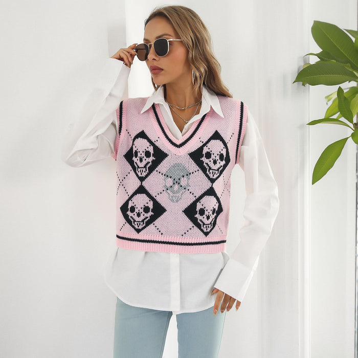 Halloween Skull Jacquard Rhombus Vest Sweater Women Vest Knitwear Autumn Winter