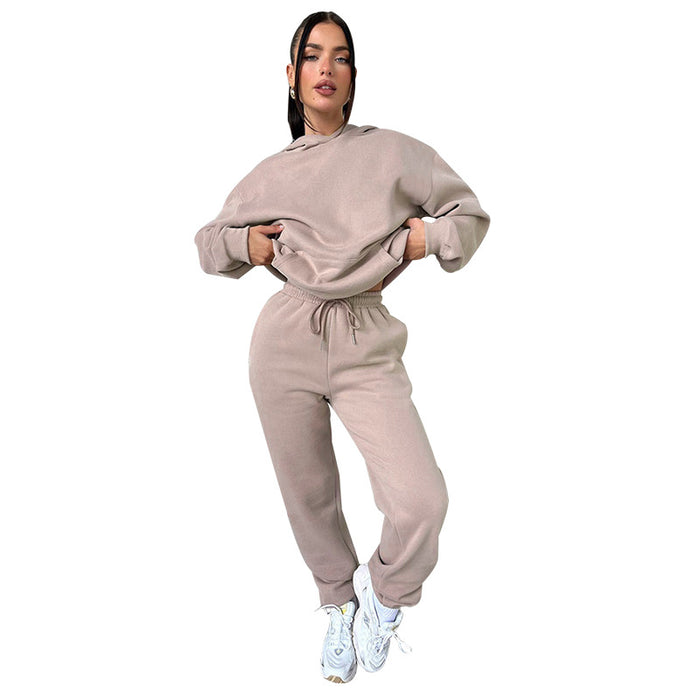 Autumn Winter Solid Color Long Sleeve Hooded Fleece Lined Sweater Women Casual Trousers sets