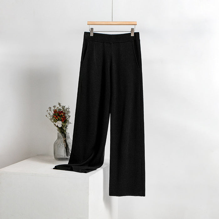 Knitted Trousers Autumn Solid Color Pocket Smart Trousers Women Loose Wide Leg Pants Straight Woollen Trousers Women