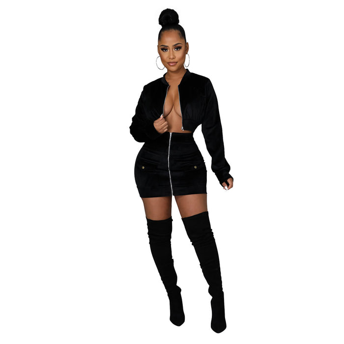 Flannel Suit Women Zipper Short Long Sleeve Top Matching Slim Fit Sheath A line Short Skirt two piece set