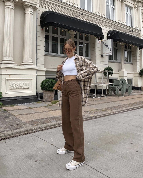 Retro Straight High Waist Slimming Brown Jeans Women  Autumn