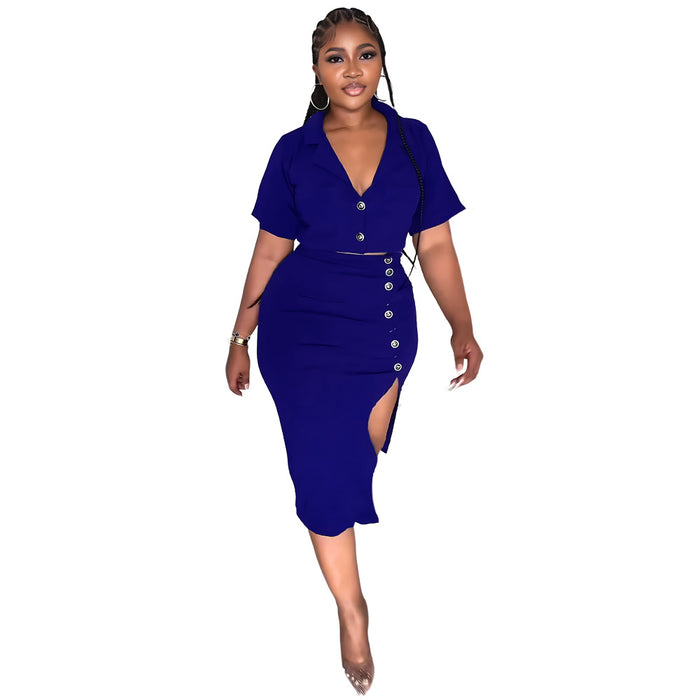 Polo Collar Summer Small Suit Short Sleeve Suit Split Skirt Office Women Two-Piece Suit