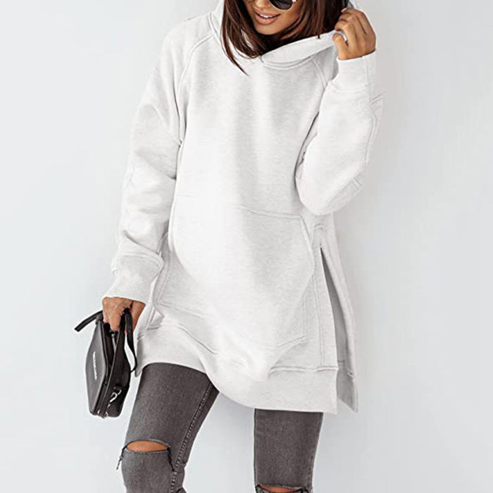 Women Clothing Long Sleeve Round Neck Fleece Lined Solid Color Pocket Loose Fitting Hoodie Long Sleeve