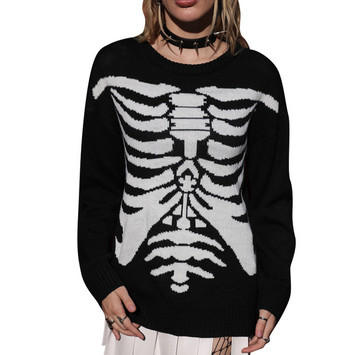 Autumn Winter Halloween Pullover Dark Asian Culture Skull Loose Long Sleeve Sweater for Women