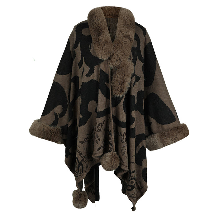 Women Cloak Autumn Winter Contrast Color Fur Collar Thickened Warm Talma