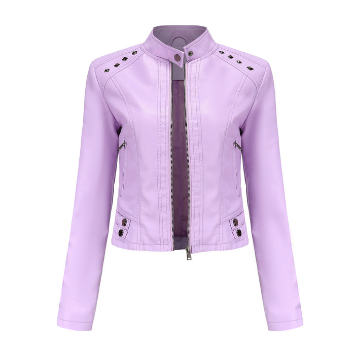 Women  Clothing New Rivets Leather Women Short Spring Autumn Jacket Long Sleeve Women Jacket Thin Stand Collar Fashion Jacket