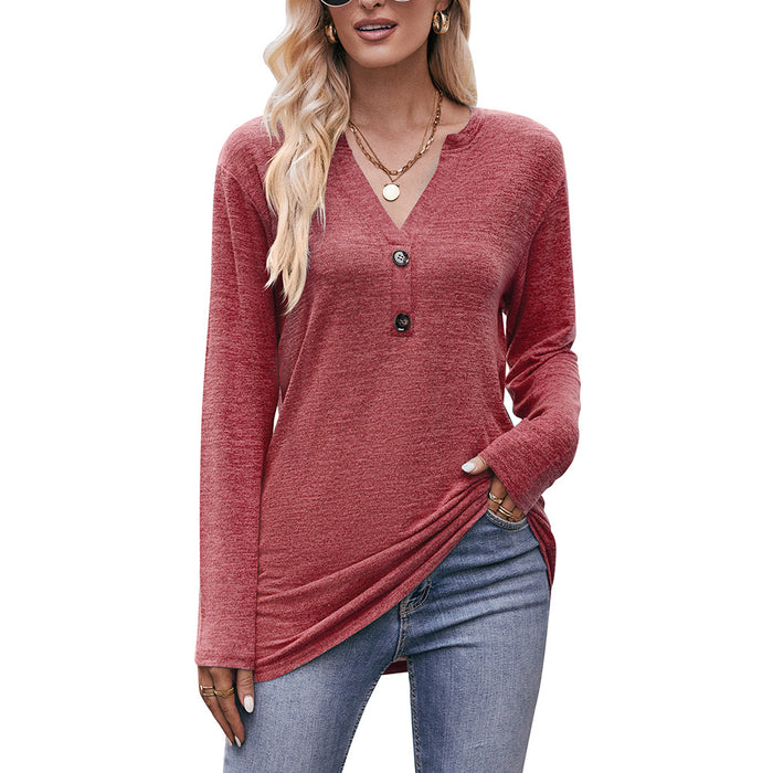 Autumn Women Clothing Casual V neck Button Brushed T shirt Long Sleeve Top