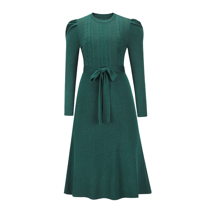 Autumn Winter Bubble Long Sleeve Knitted Dress Mid-Length Elegant Slimming High Waist Big Swing Dress Base Sweater Dress