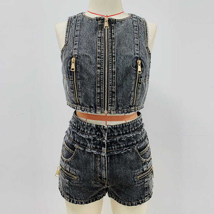 Goods Stars Zipper Denim Vest Top Denim Shorts Suit Two-Piece Set