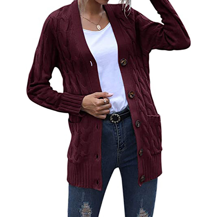 Autumn Winter Women Clothing Casual Cardigan Coat Solid Color Twist Button Cardigan Sweater Women