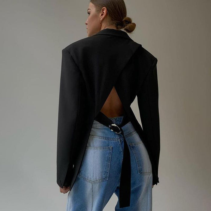 Women Clothing Autumn Loose Mid Length Buckle Simple Backless Small Business Blazer