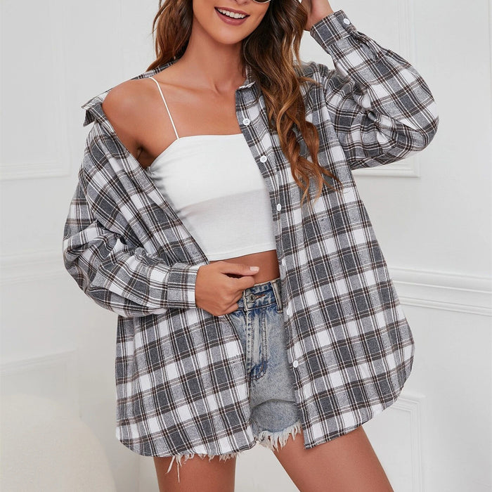 Spring Summer New Street Hipster Design Loose Slimming Single Breasted Collared Long Sleeve Plaid  Shirt Outerwear