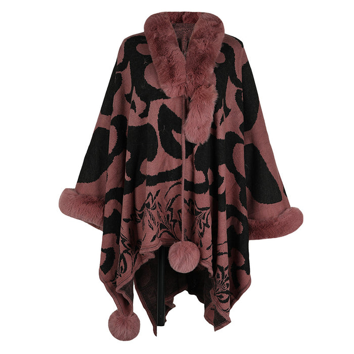 Women Cloak Autumn Winter Contrast Color Fur Collar Thickened Warm Talma