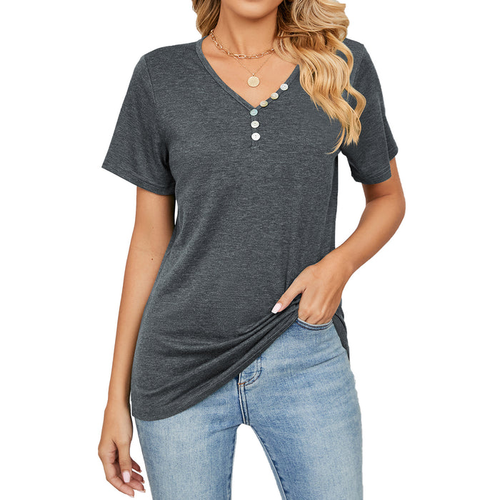 Summer Solid Color Short Sleeve Button Loose Fitting V Neck Top Women T Shirt