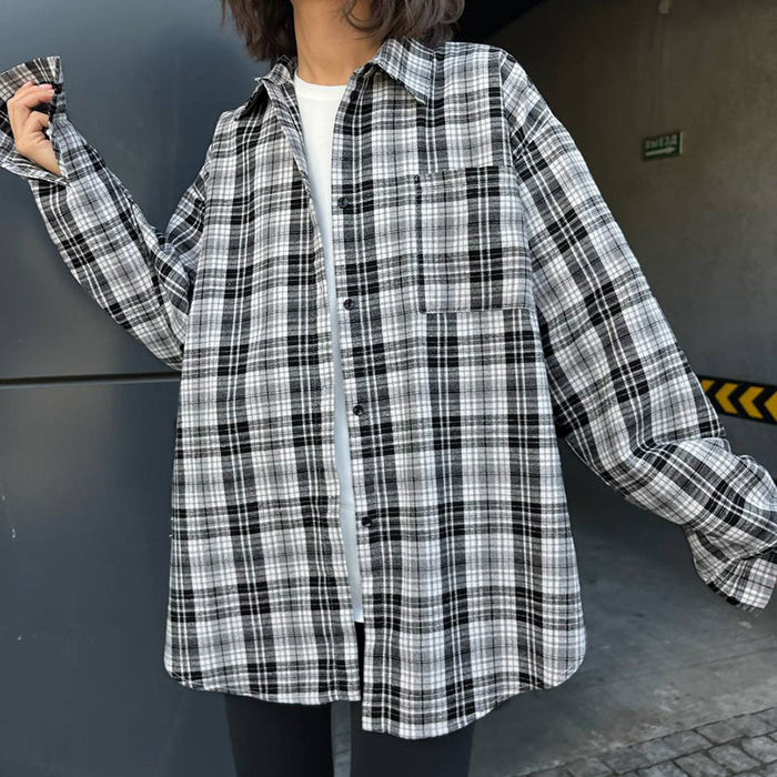 Autumn Winter Casual Neutral Boyfriend Plaid Shirt Women Pocket Lapels Long Sleeve Jacket Thin