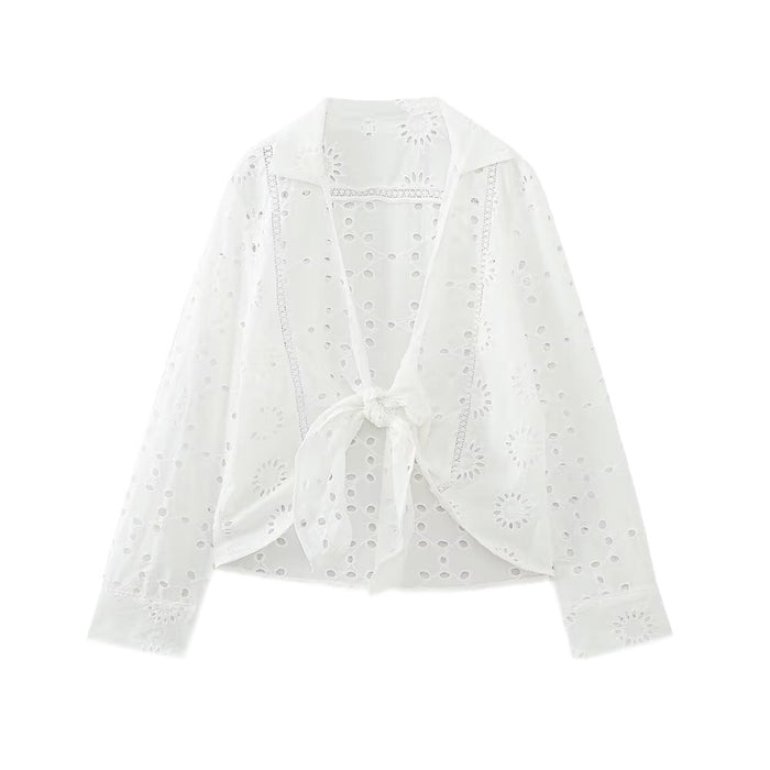 Summer Women  Clothing Niche Embroidery Bow Tie Shirt