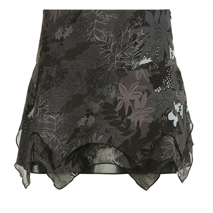 Retro Dark Floral Printed Waist Controlled Double Layer Tulle Skirt Sexy Irregular Asymmetric Dirty Slimming Skirt