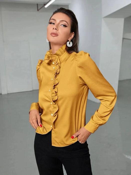 Women  Shirt Autumn High Grade Acetate Fabric Shirt Half Sleeve Ruffled Straight Women  Top