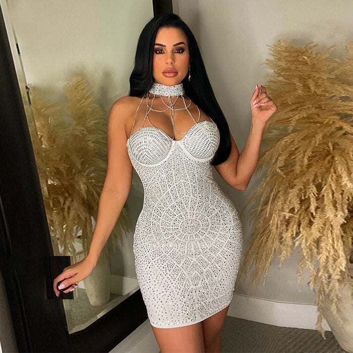 Sexy Night Club Rhinestone Neck Stitched Backless Short Slim Fit Sheath Dress Women