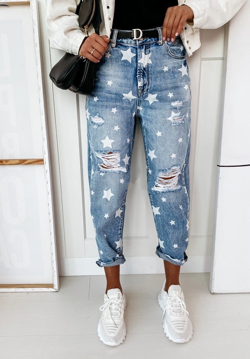 Print Denim Trousers Washed Torn Ripped Slimming Jeans Women