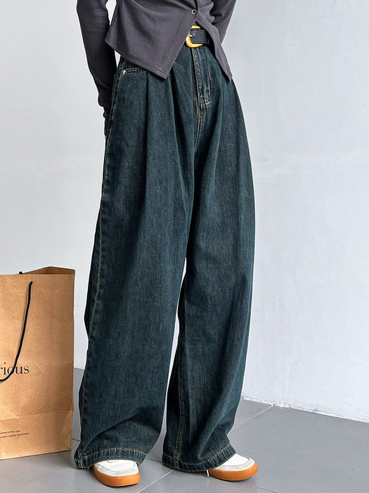 Retro Workwear Khaki Jeans Women  High Grade Casual Wide Leg Draggle Tail Trousers Trendy