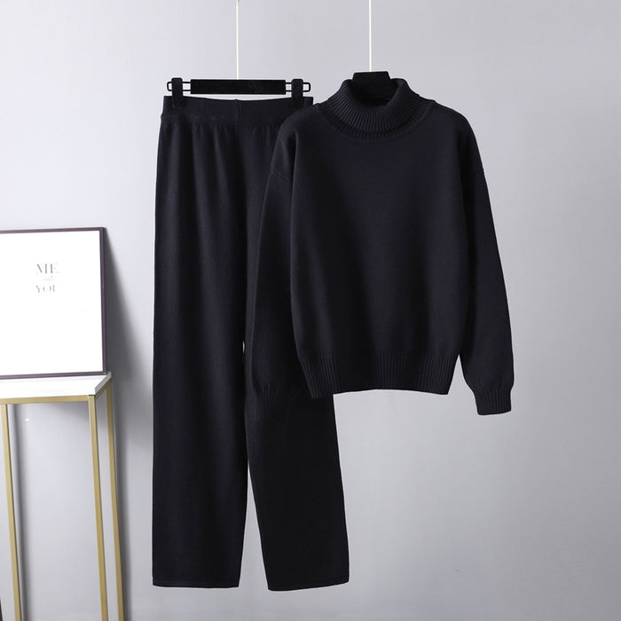 High Collar Suit Autumn Winter Solid Color All Matching Outer Wear Knitted Top Casual Pants Two Piece Set