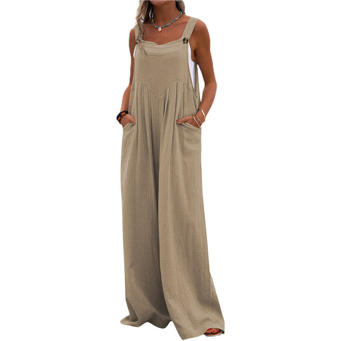 Summer Casual Loose Overalls Pocket Cotton Linen Breathable Wide Leg Pants Home Commuting Pants