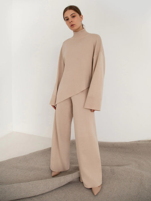 Autumn Winter Comfortable Turtleneck Asymmetric Hem Wide Leg Trousers Suit