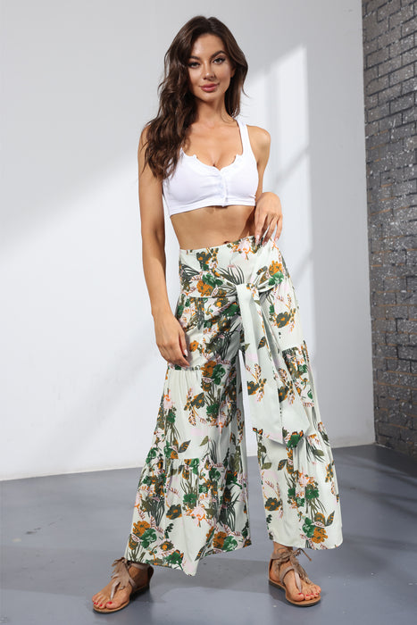 Summer New Digital Printing Women Clothing Loose Casual Cropped Pants Beach Wide-Leg Pants Lace-up Pants