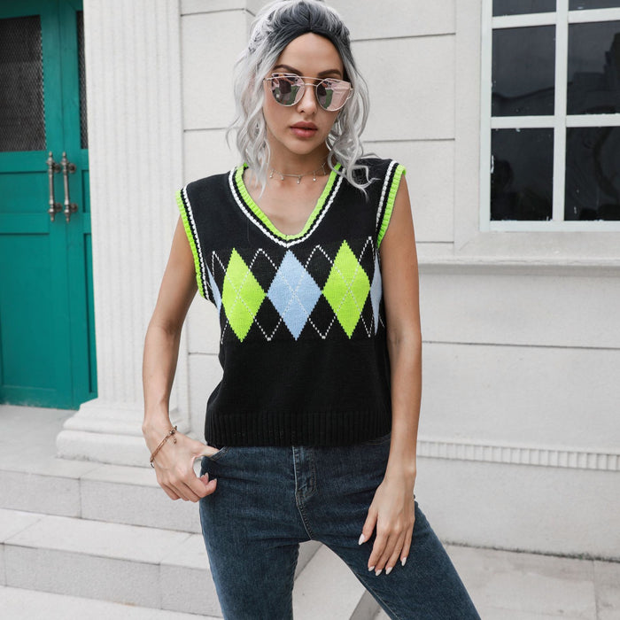 Rhombus V-neck Plaid Vest Sweater Women Vest Outer Wear Inner Wear Autumn Winter Knitwear Sweater