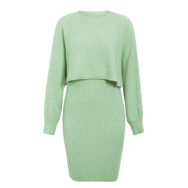 Knitted Two-Piece Classic High Waist Pullover Knitwear Half-Length Office Solid Color Dress