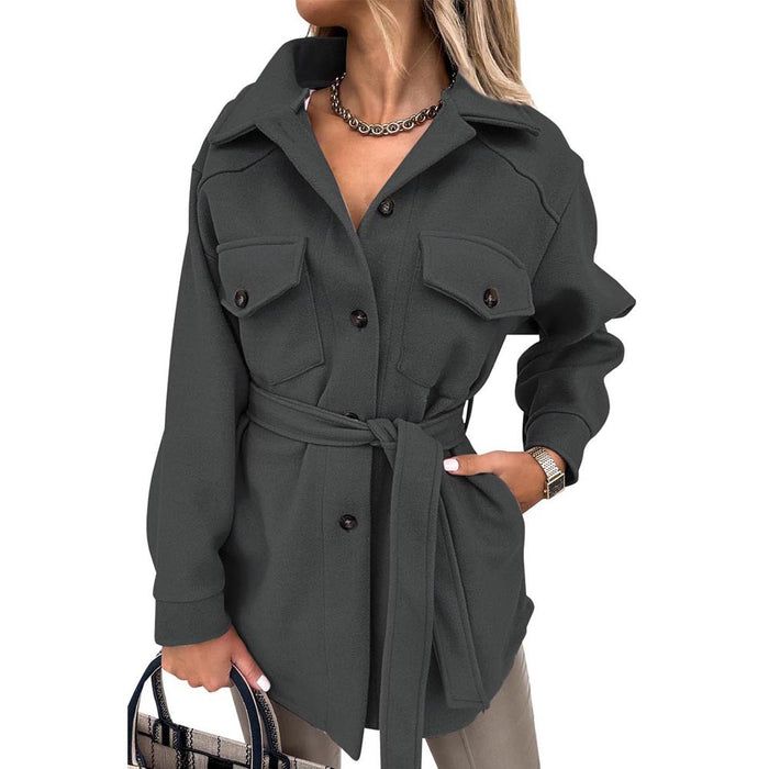 Lace-up Trench Coat Jacket Winter Solid Color Polo Collar Mid-Length Coat