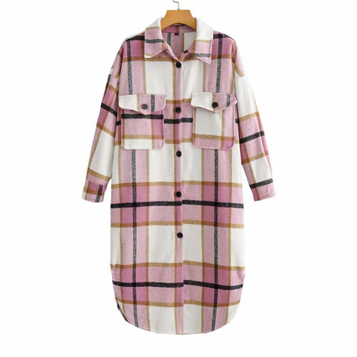 Women Casual Plaid Loose Long Sleeves Long Woolen Coat Overcoat