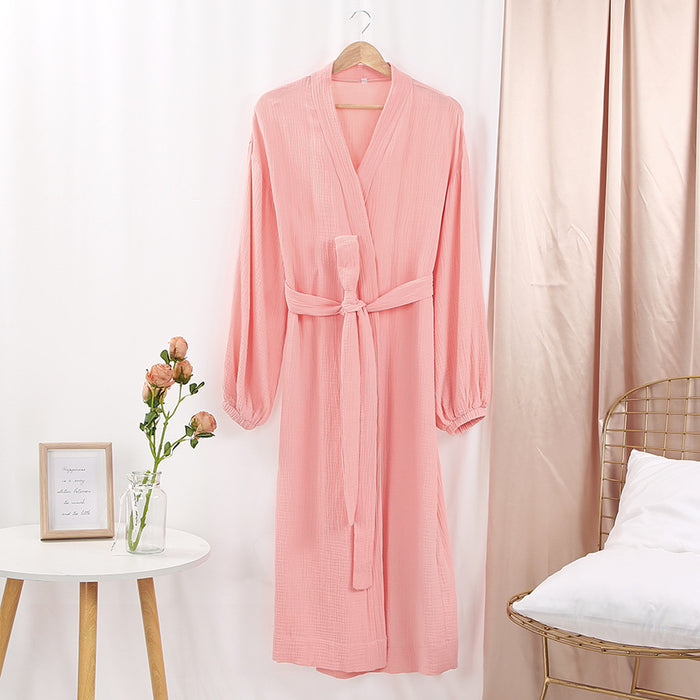 Early Spring French Solid Color Cardigan Nightgown Double Layer Gauze Full Cotton Casual Home Pajamas Women Cotton