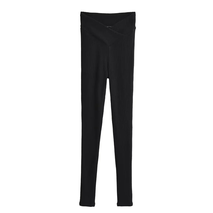 V Waist Elastic Slim Fit Knitted Ankle Tight Pants Women Autumn Winter Vertical Sunken Stripe Slimming Pencil Pants