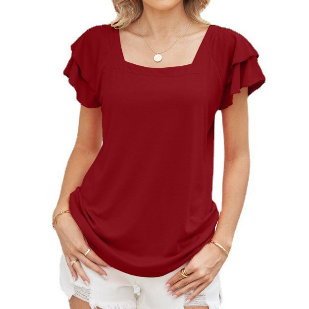 Summer Square Collar Ruffle Sleeve Petal Sleeve Short Sleeve Loose T Shirt Top Women