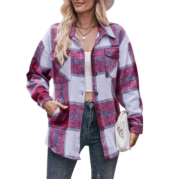 Women Autumn Winter Plaid Jacket Casual Loose Pockets Shirt