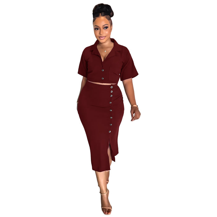 Polo Collar Summer Small Suit Short Sleeve Suit Split Skirt Office Women Two-Piece Suit