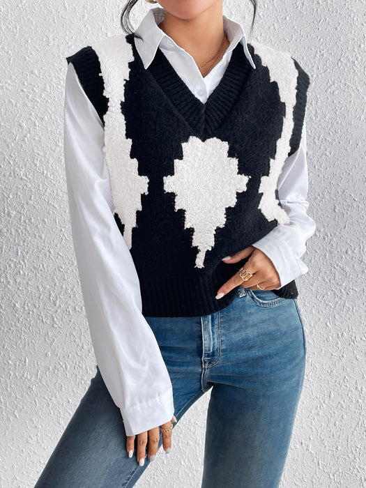 Autumn Winter Simple Color Contrast Patchwork Diamond Lattice Pullover Vest Knitted