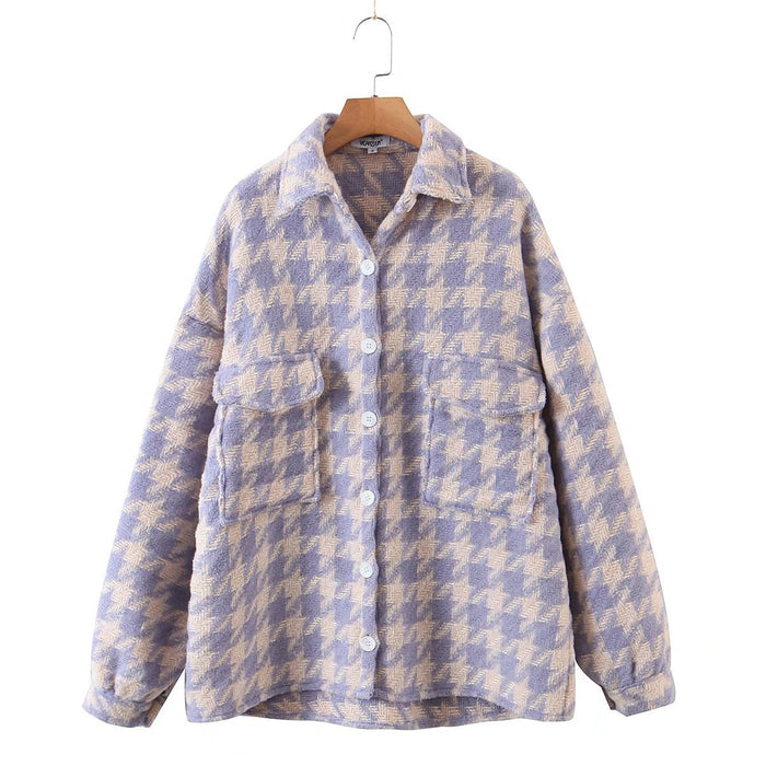 Autumn Winter Women Clothing Houndstooth Woolen Shirt Loose Casual Jacket