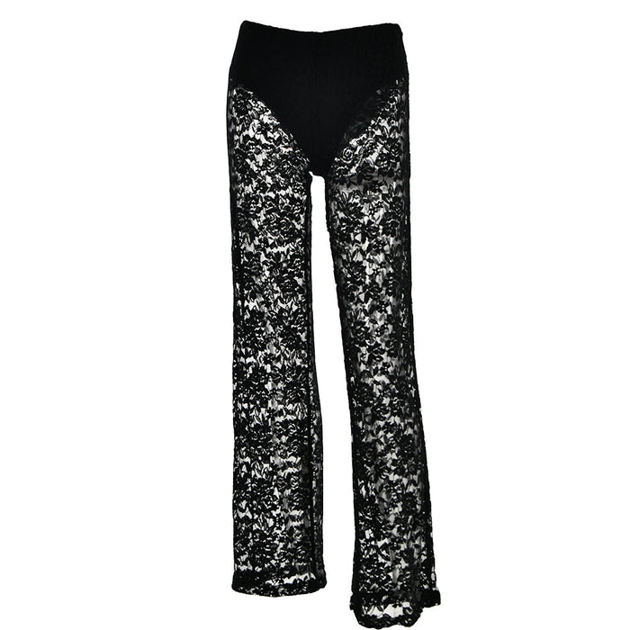 Summer Sexy All Matching Lace See through High Waist Stitching Long Straight Leg Pants