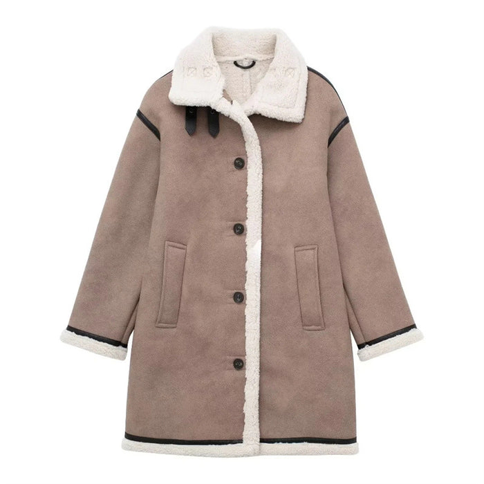 Retro Double Sided Fleece Collared Coat Autumn Winter Loose Padded Coat Long Decorated Row Button Casual Women Clothing