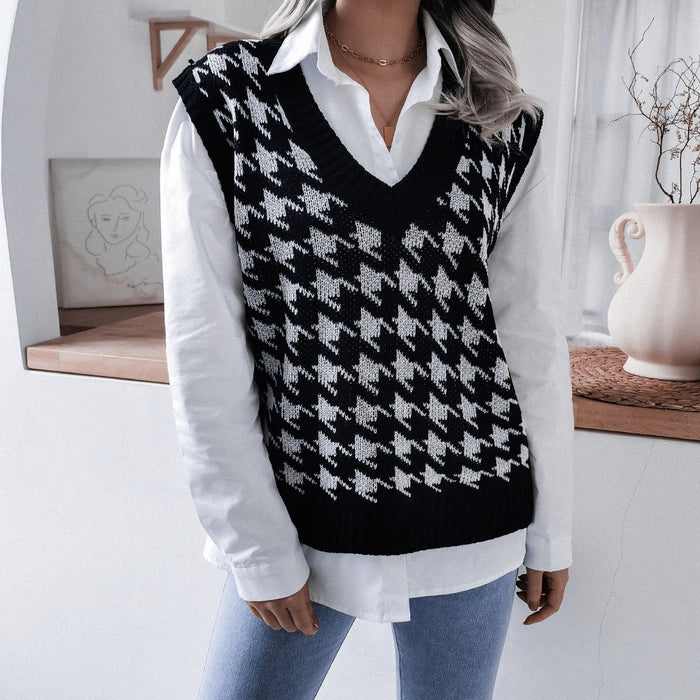 Autumn Winter V-neck Houndstooth Casual Loose Knitted Vest Sweater Waistcoat Women Clothing