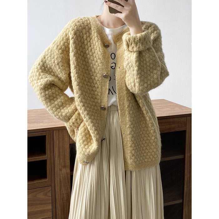 Pineapple Plaid Cardigan Sweater Women Autumn Winter Loose Lazy Knitted Top