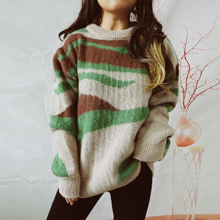 Autumn Winter Irregular Asymmetric Striped Brushed Round Neck Long Sleeve Loose Knitted Pullover Sweater