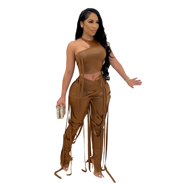 Women Clothing Sexy Two Piece Suit Vest Strap Suit Faux Leather Pants Nightclub Summer