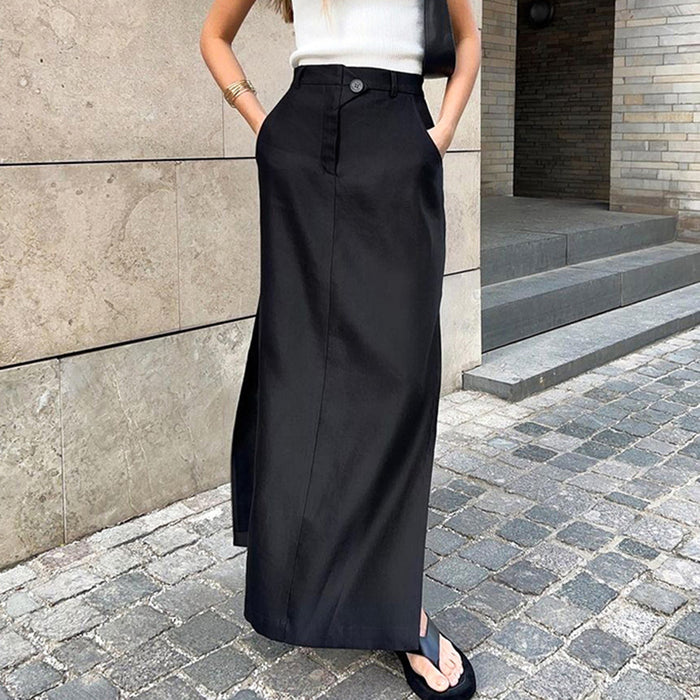 Black Cotton Silk  Women Clothing Autumn Split High Waist Office Drape Skirt Skirt